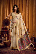 Jyoti Fashion Women's Cream Khadi Cotton Mina Work Saree with Blouse - Distacart