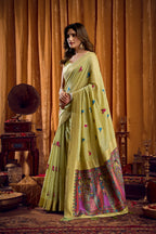 Jyoti Fashion Women's Green Khadi Cotton Mina Work Saree with Blouse - Distacart