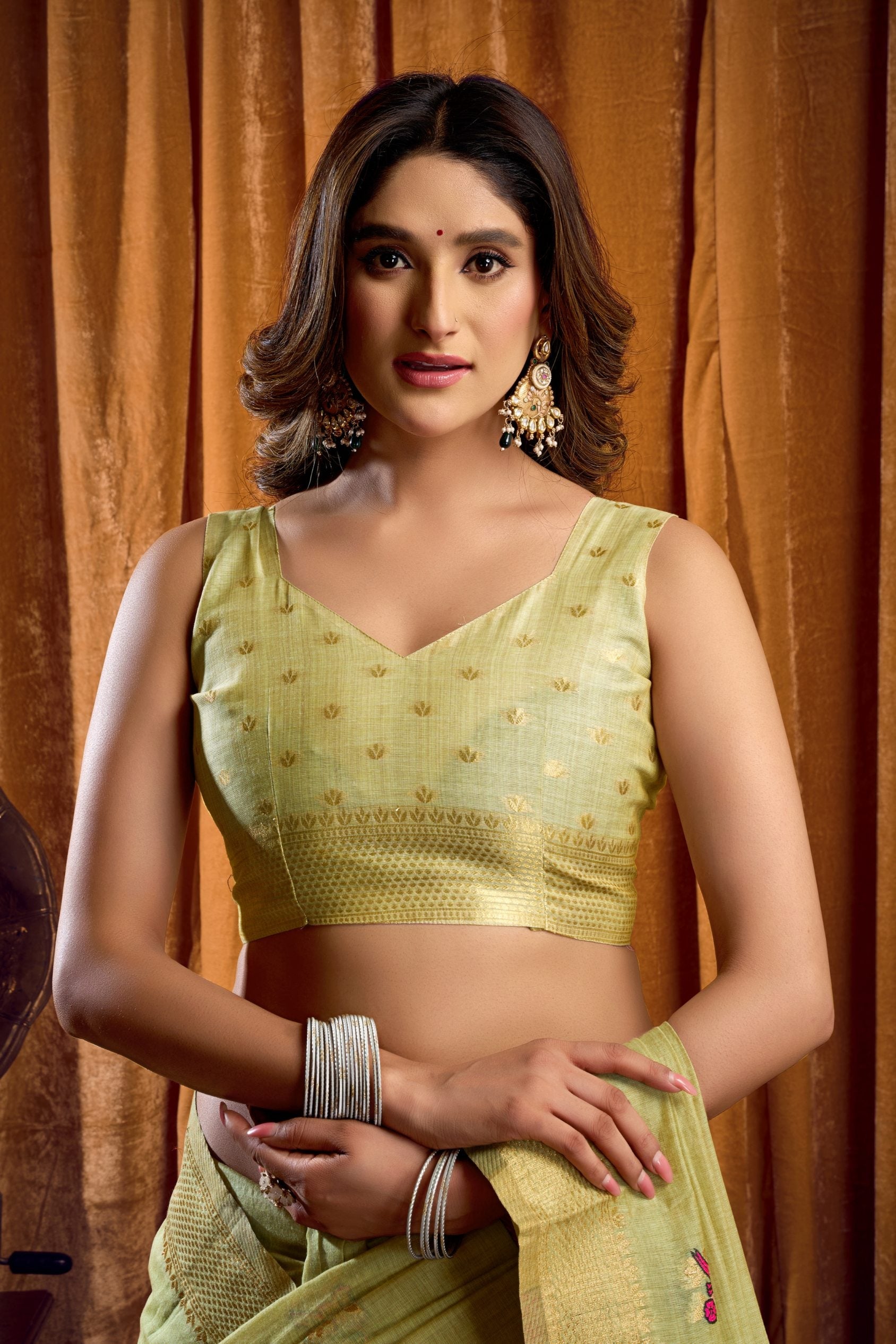 Jyoti Fashion Women's Green Khadi Cotton Mina Work Saree with Blouse - Distacart