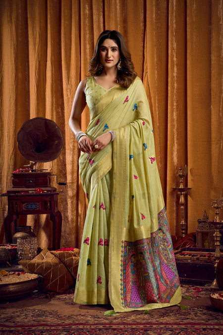 Jyoti Fashion Women's Green Khadi Cotton Mina Work Saree with Blouse