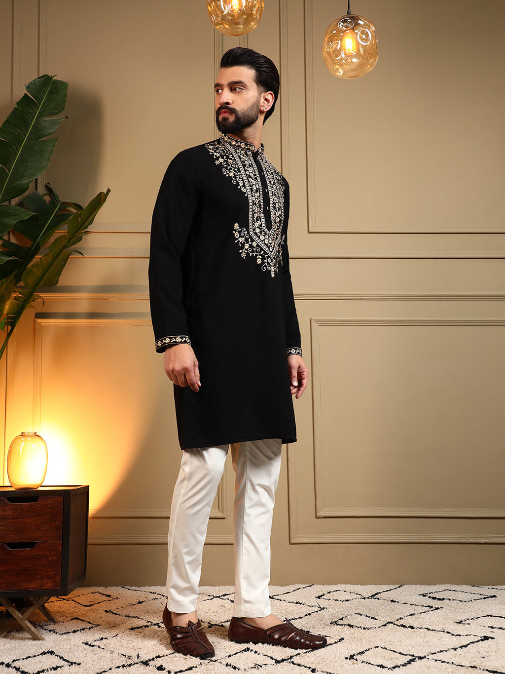 Jyoti Fashion Men's Black Armani Lachka Sequins Embroidered Kurta with Pajama