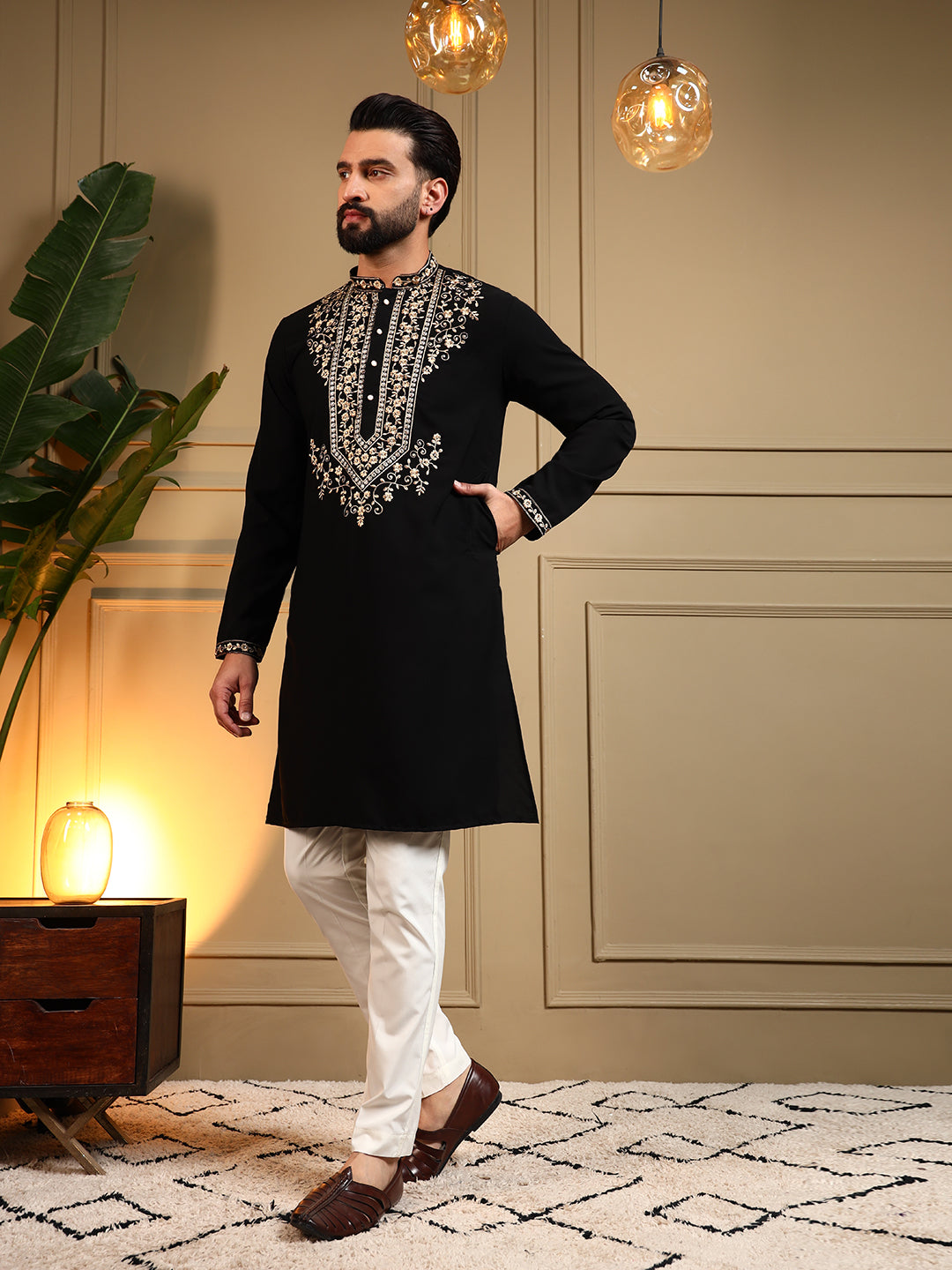 Jyoti Fashion Men's Black Armani Lachka Sequins Embroidered Kurta with Pajama
