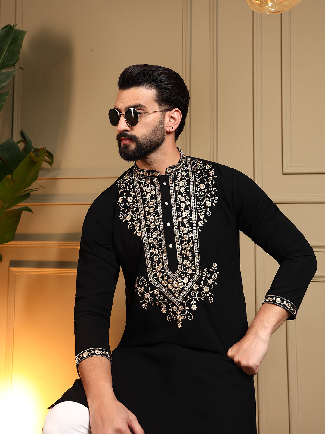 Jyoti Fashion Men's Black Armani Lachka Sequins Embroidered Kurta with Pajama