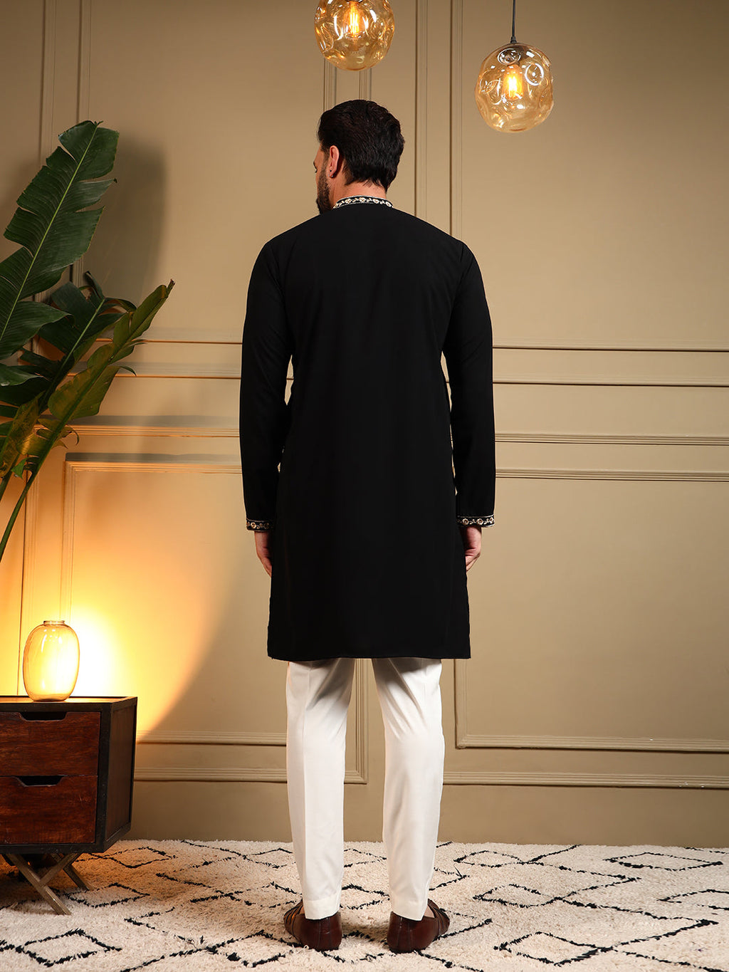 Jyoti Fashion Men's Black Armani Lachka Sequins Embroidered Kurta with Pajama