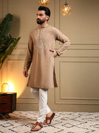 Jyoti Fashion Men's Beige Armani Lachka Sequins Embroidered Kurta with Pajama