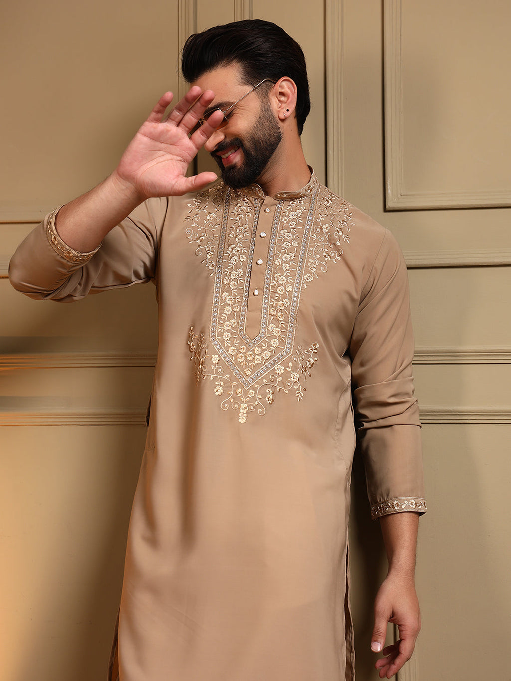 Jyoti Fashion Men's Beige Armani Lachka Sequins Embroidered Kurta with Pajama
