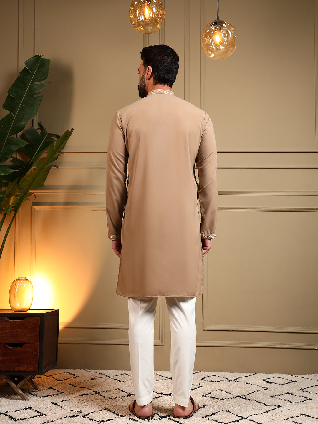 Jyoti Fashion Men's Beige Armani Lachka Sequins Embroidered Kurta with Pajama