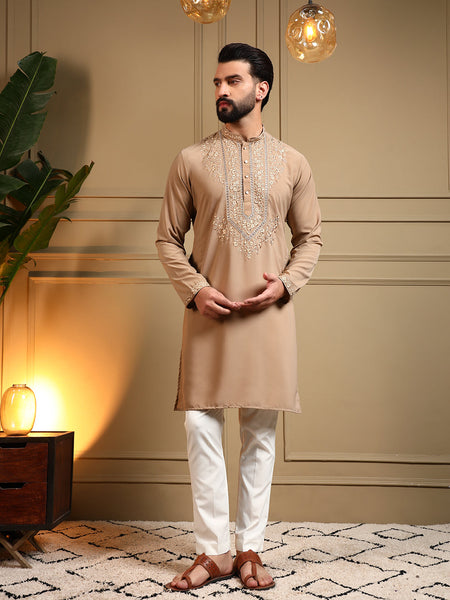 Jyoti Fashion Men's Beige Armani Lachka Sequins Embroidered Kurta with Pajama