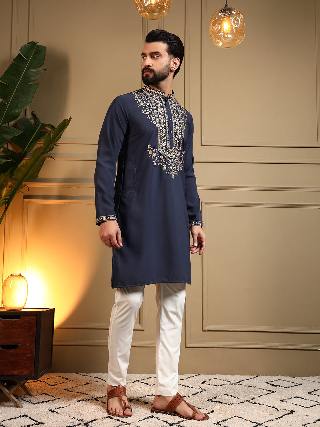 Jyoti Fashion Men's Navy Blue Armani Lachka Sequins Embroidered Kurta with Pajama