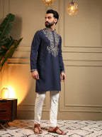Jyoti Fashion Men's Navy Blue Armani Lachka Sequins Embroidered Kurta with Pajama
