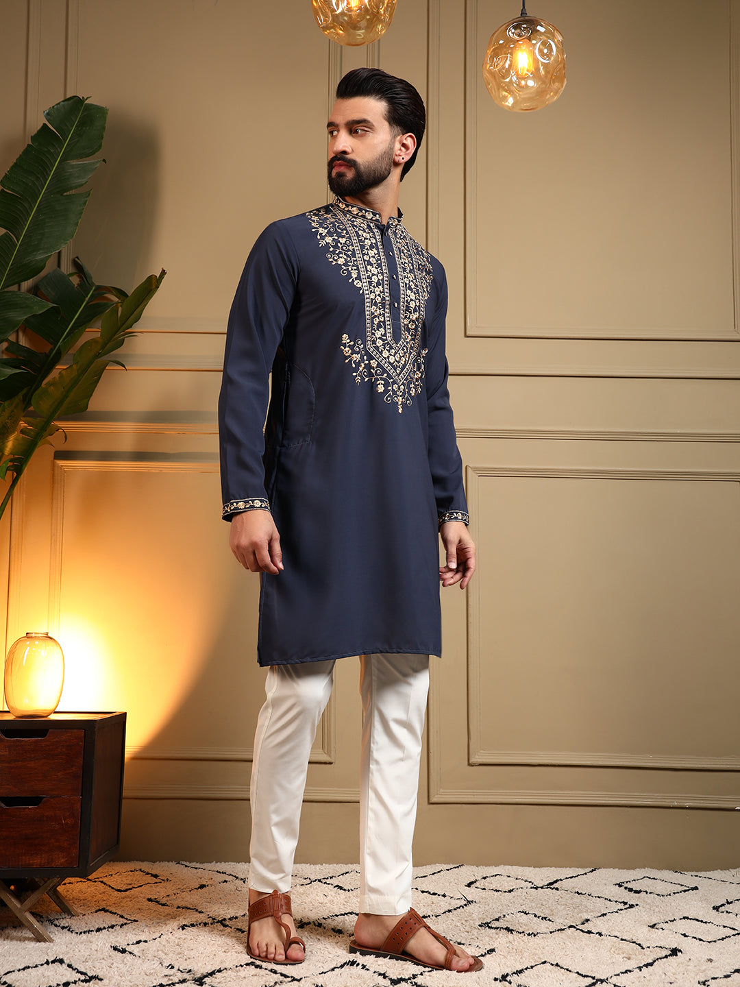 Jyoti Fashion Men's Navy Blue Armani Lachka Sequins Embroidered Kurta with Pajama
