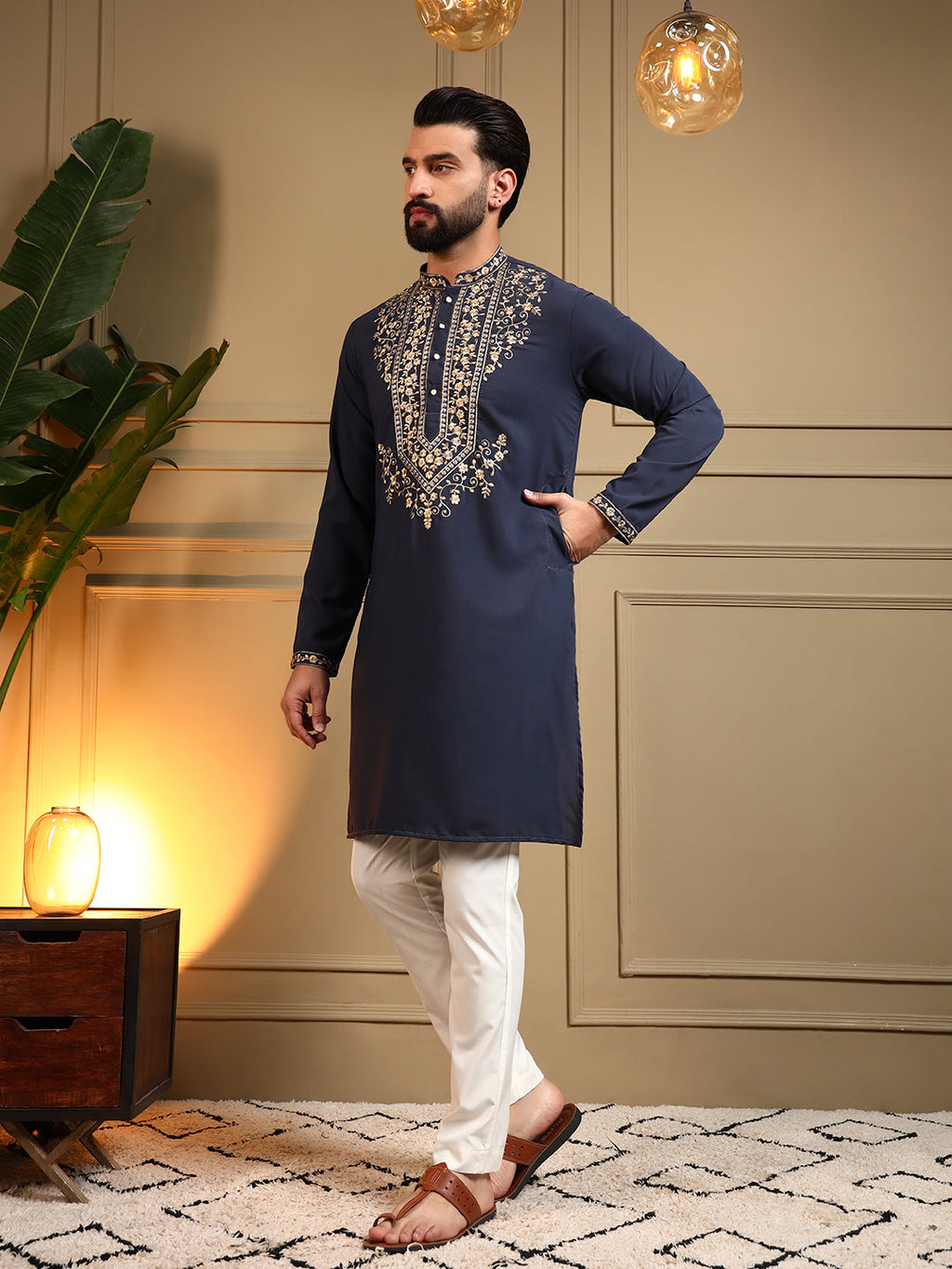 Jyoti Fashion Men's Navy Blue Armani Lachka Sequins Embroidered Kurta with Pajama
