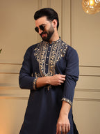 Jyoti Fashion Men's Navy Blue Armani Lachka Sequins Embroidered Kurta with Pajama