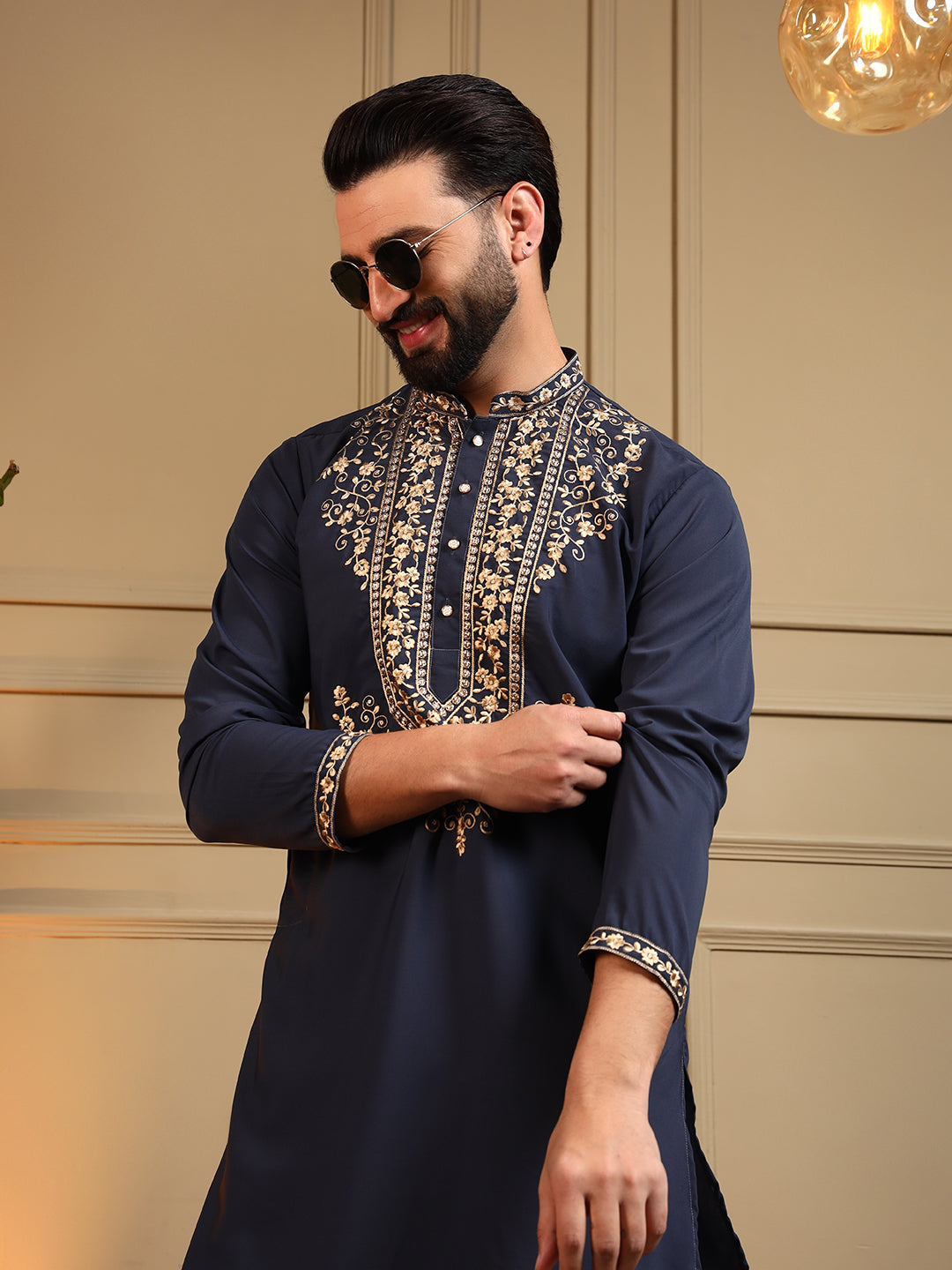 Jyoti Fashion Men's Navy Blue Armani Lachka Sequins Embroidered Kurta with Pajama