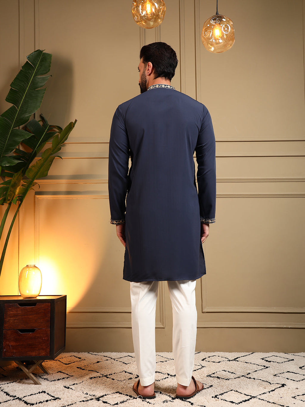 Jyoti Fashion Men's Navy Blue Armani Lachka Sequins Embroidered Kurta with Pajama