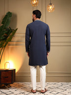 Jyoti Fashion Men's Navy Blue Armani Lachka Sequins Embroidered Kurta with Pajama