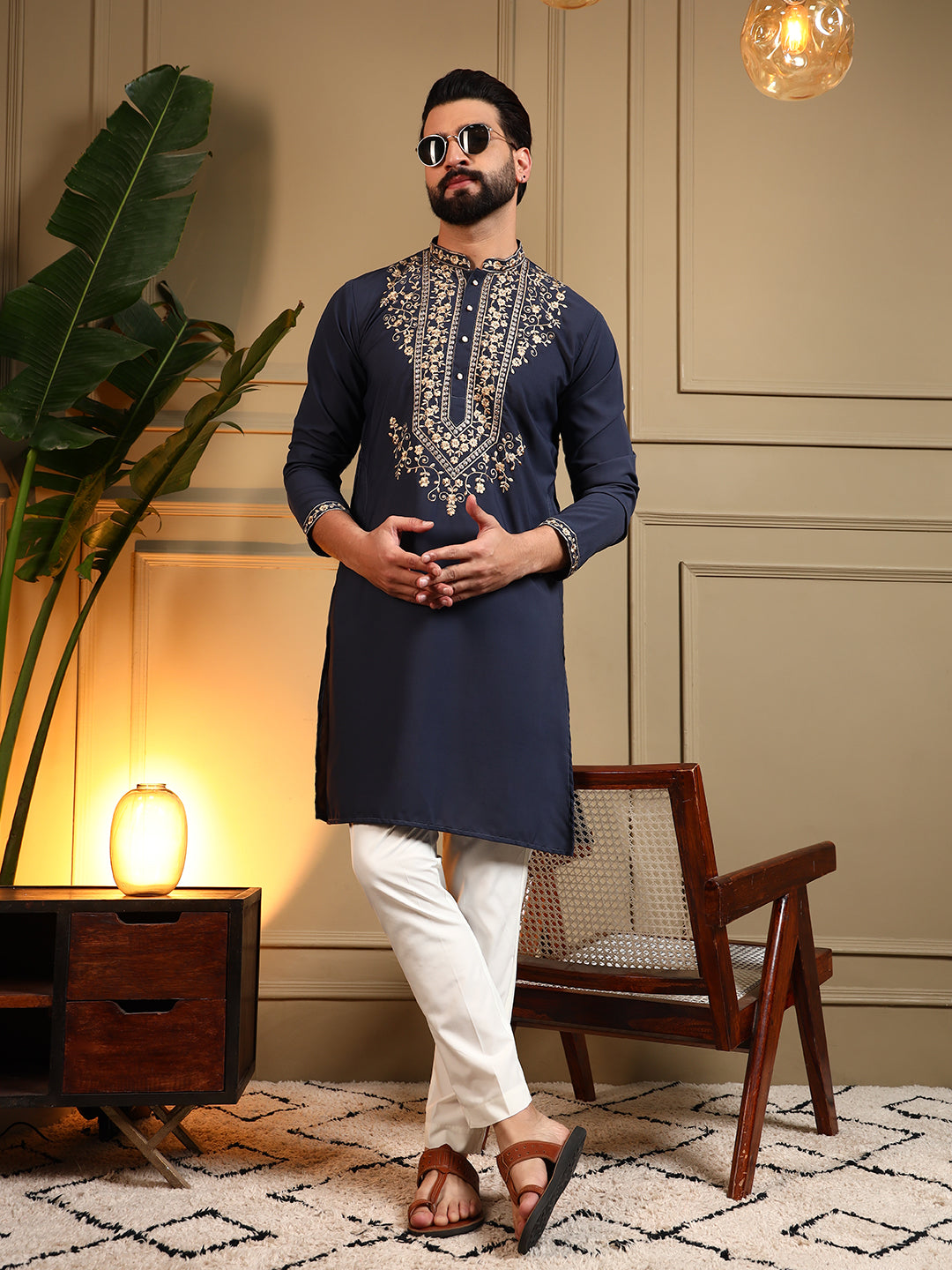 Jyoti Fashion Men's Navy Blue Armani Lachka Sequins Embroidered Kurta with Pajama