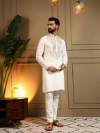 Jyoti Fashion Men's White Armani Lachka Sequins Embroidered Kurta with Pajama