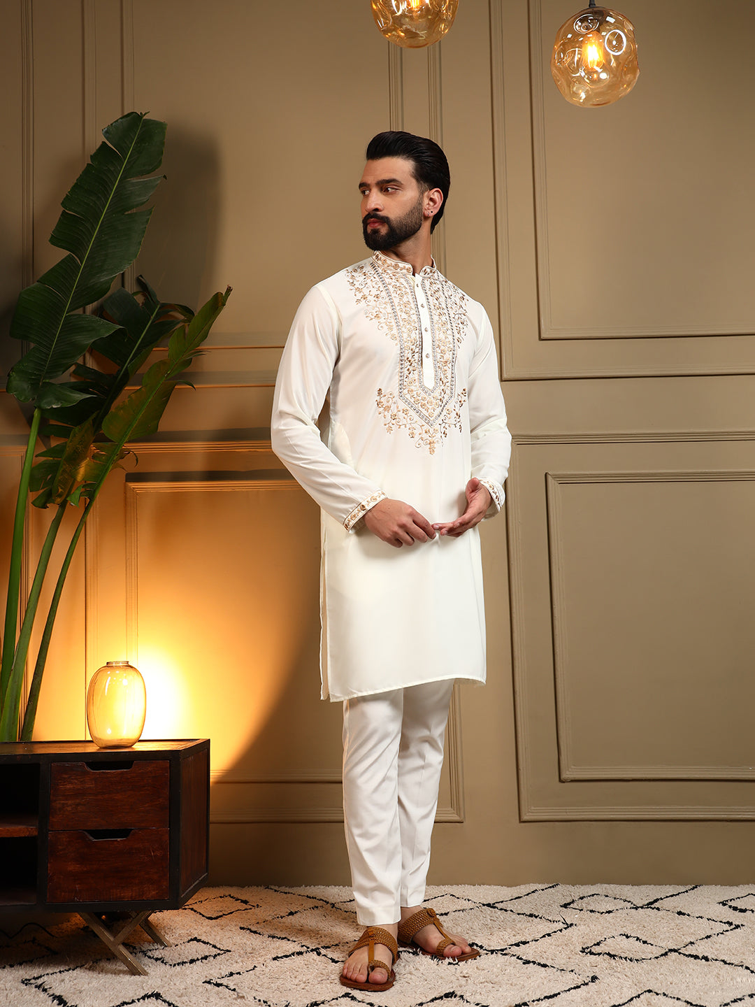 Jyoti Fashion Men's White Armani Lachka Sequins Embroidered Kurta with Pajama