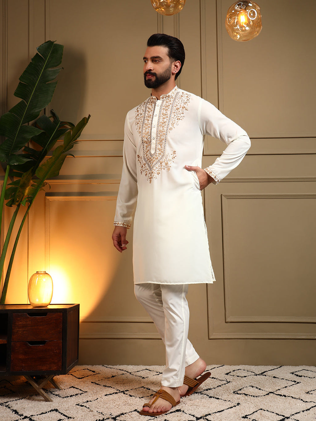 Jyoti Fashion Men's White Armani Lachka Sequins Embroidered Kurta with Pajama