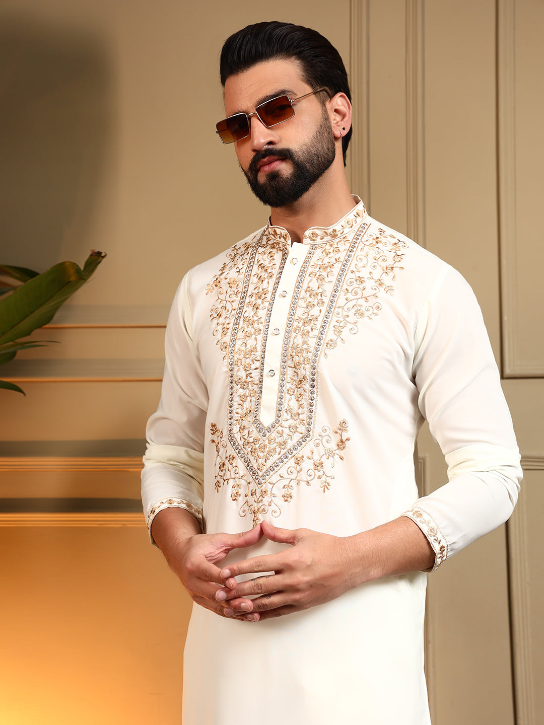 Jyoti Fashion Men's White Armani Lachka Sequins Embroidered Kurta with Pajama
