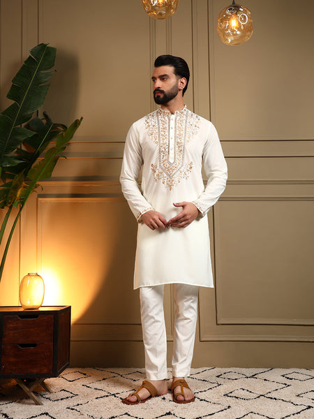 Jyoti Fashion Men's White Armani Lachka Sequins Embroidered Kurta with Pajama