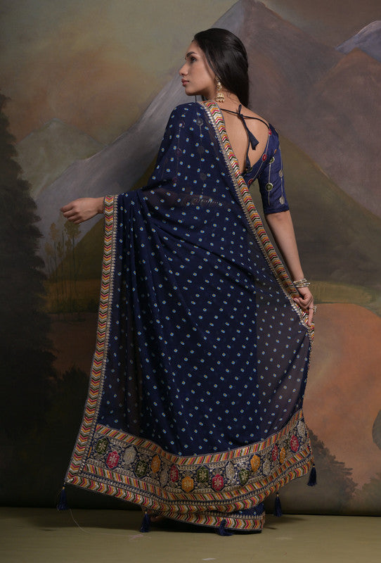 Jyoti Fashion Women's Navy Blue Coding Sequence Georgette Saree with Blouse - Distacart