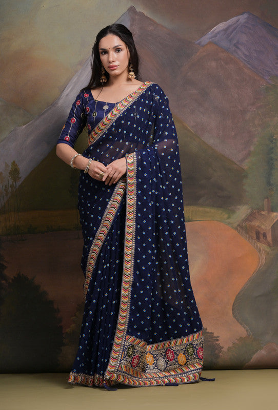 Jyoti Fashion Women's Navy Blue Coding Sequence Georgette Saree with Blouse - Distacart