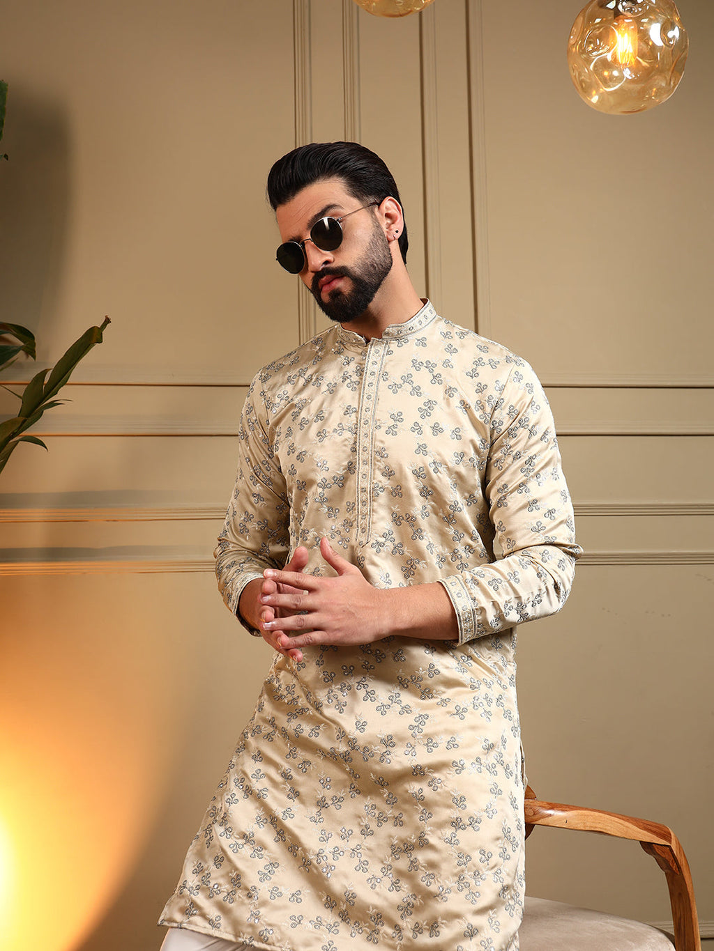 Jyoti Fashion Men's Cream Royal Silk Sequins Embroidered Kurta with Pajama