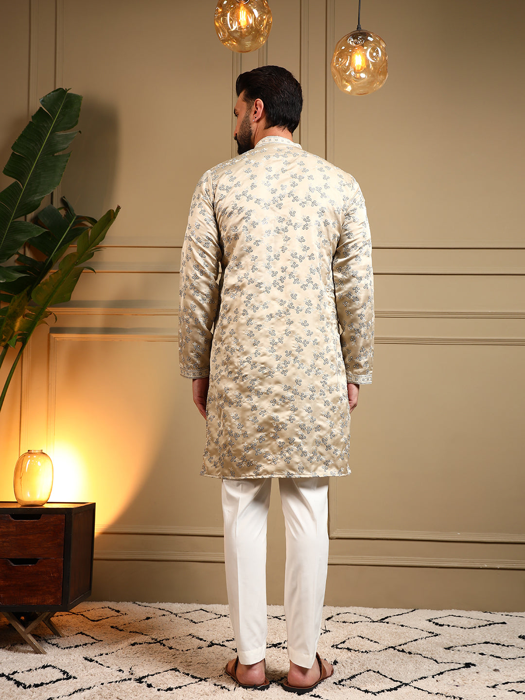 Jyoti Fashion Men's Cream Royal Silk Sequins Embroidered Kurta with Pajama