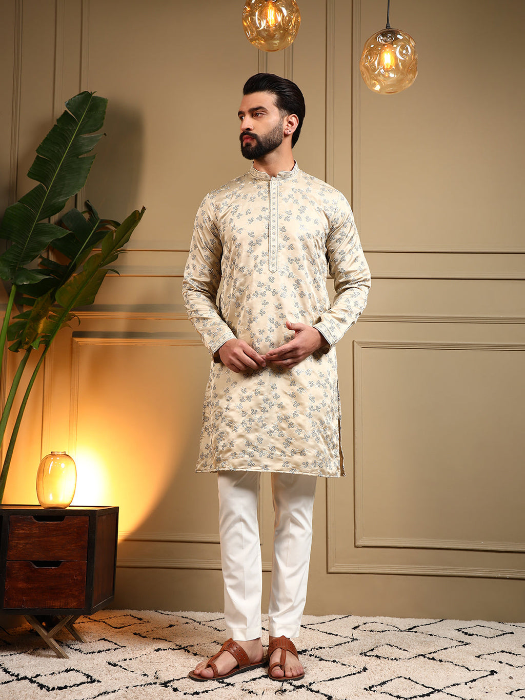 Jyoti Fashion Men's Cream Royal Silk Sequins Embroidered Kurta with Pajama