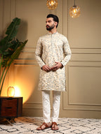 Jyoti Fashion Men's Cream Royal Silk Sequins Embroidered Kurta with Pajama