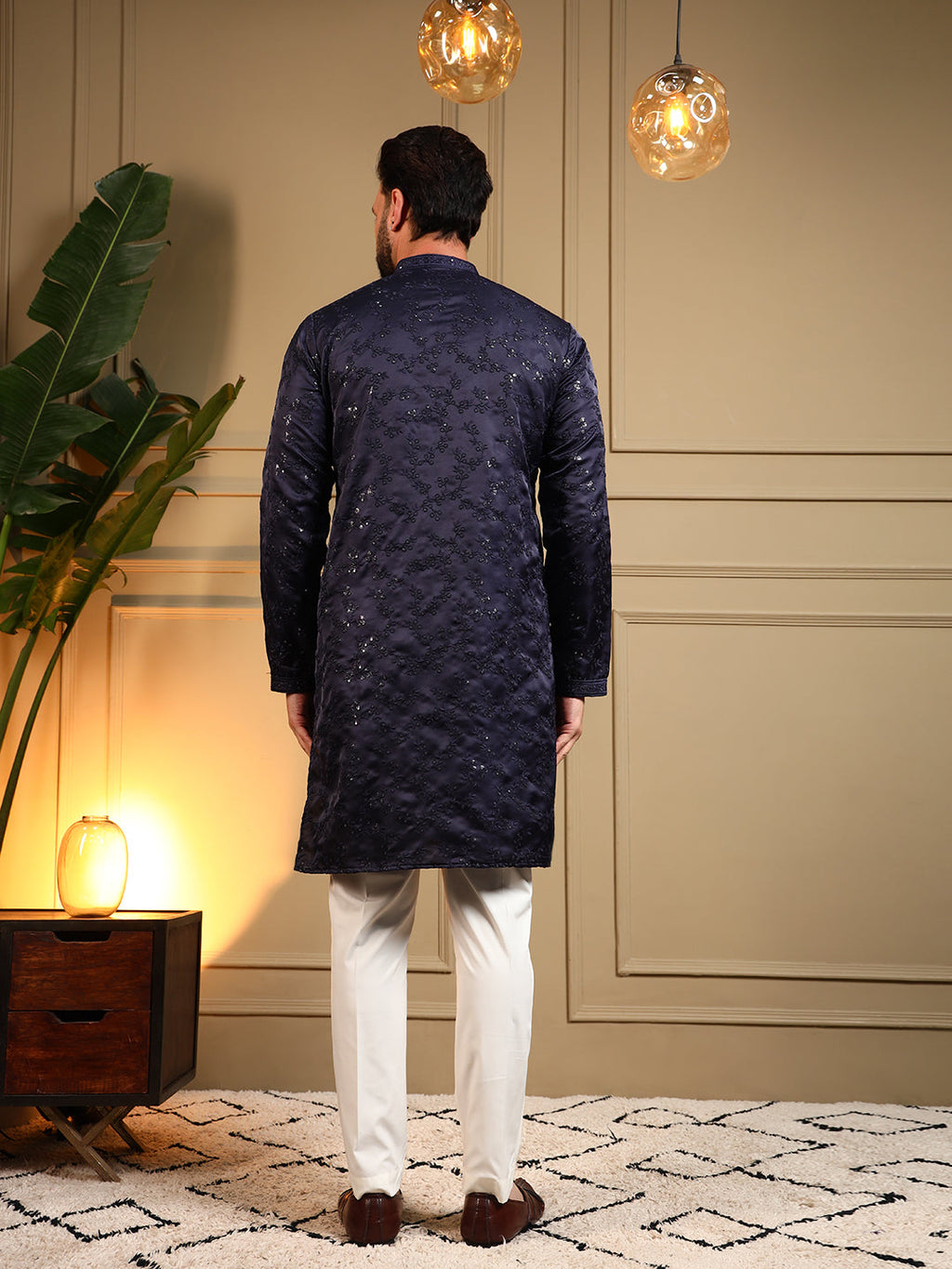 Jyoti Fashion Men's Navy Blue Royal Silk Sequins Embroidered Kurta with Pajama