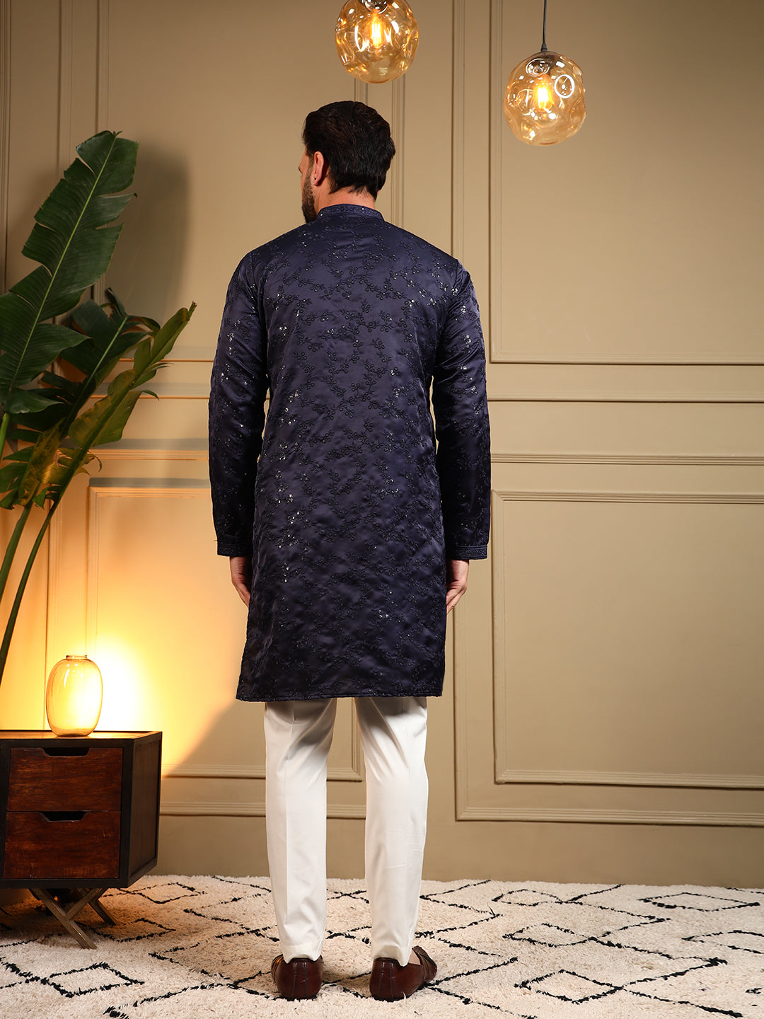 Jyoti Fashion Men's Navy Blue Royal Silk Sequins Embroidered Kurta with Pajama