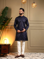 Jyoti Fashion Men's Navy Blue Royal Silk Sequins Embroidered Kurta with Pajama