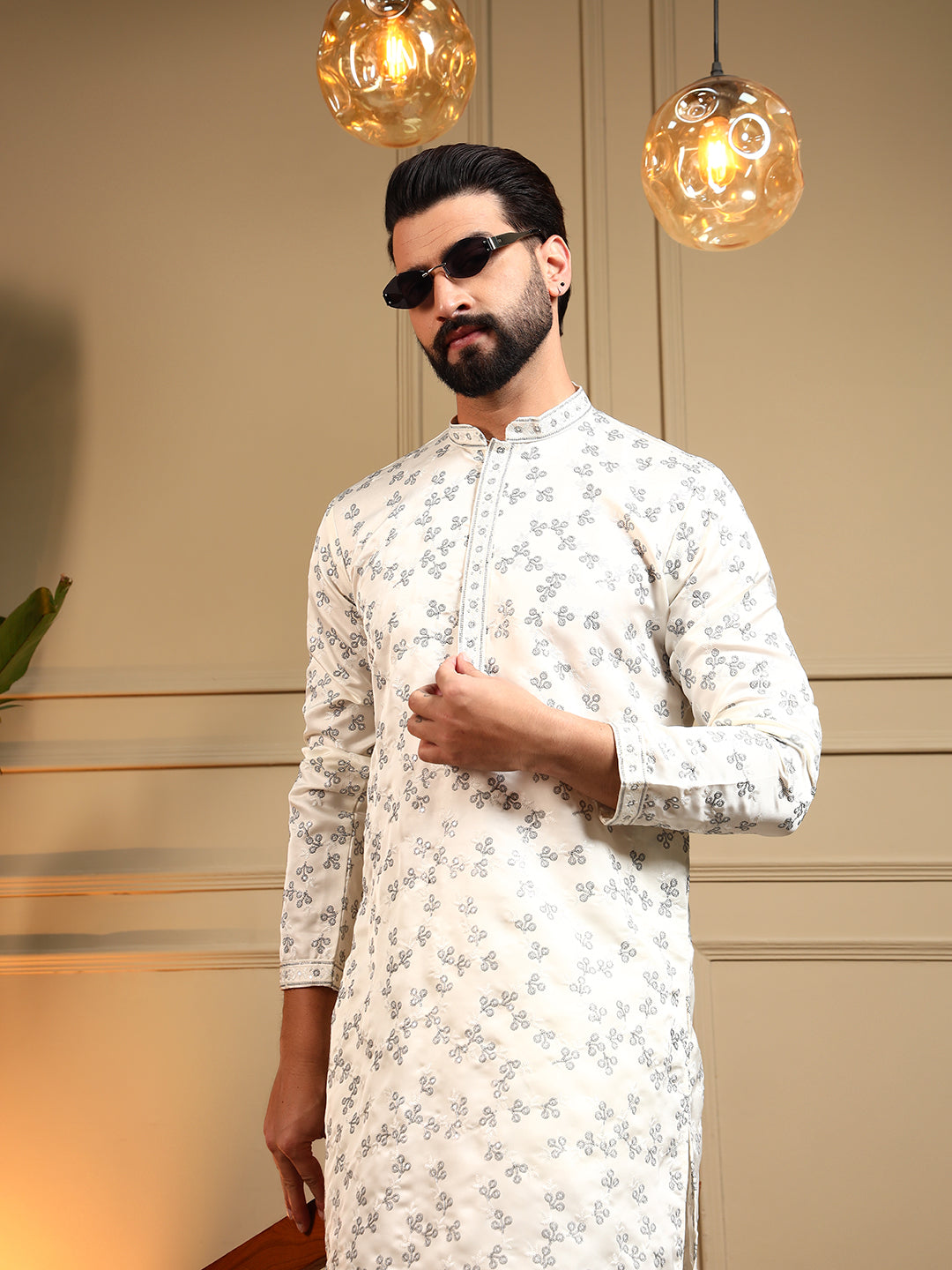 Jyoti Fashion Men's Off White Royal Silk Sequins Embroidered Kurta with Pajama