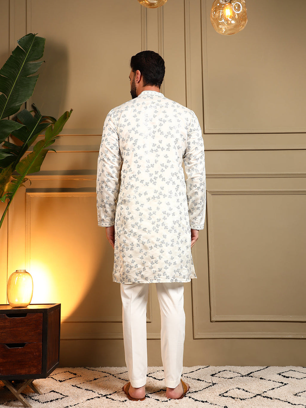 Jyoti Fashion Men's Off White Royal Silk Sequins Embroidered Kurta with Pajama