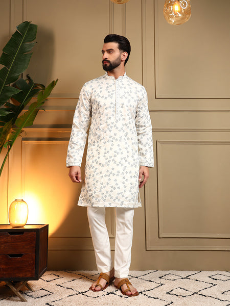 Jyoti Fashion Men's Off White Royal Silk Sequins Embroidered Kurta with Pajama