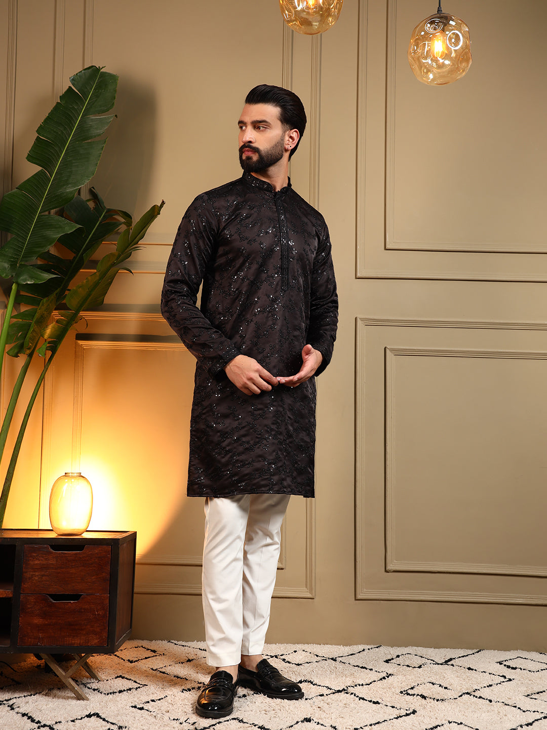 Jyoti Fashion Men's Black Royal Silk Sequins Embroidered Kurta with Pajama