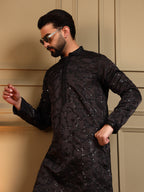 Jyoti Fashion Men's Black Royal Silk Sequins Embroidered Kurta with Pajama