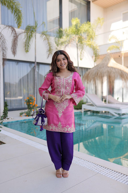 Jyoti Fashion Pink Viscose Embroidered Designer Kurta Set with Batwa
