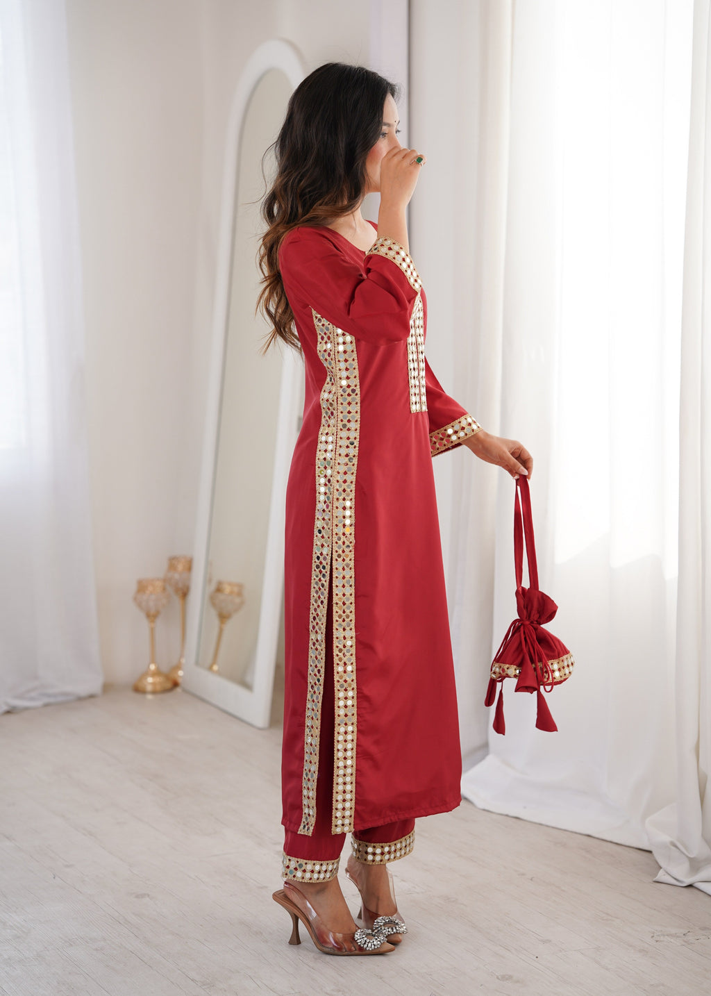 Jyoti Fashion Maroon Natural Crepe Real Mirror Lace Work Designer Kurta Set with Batwa - Distacart