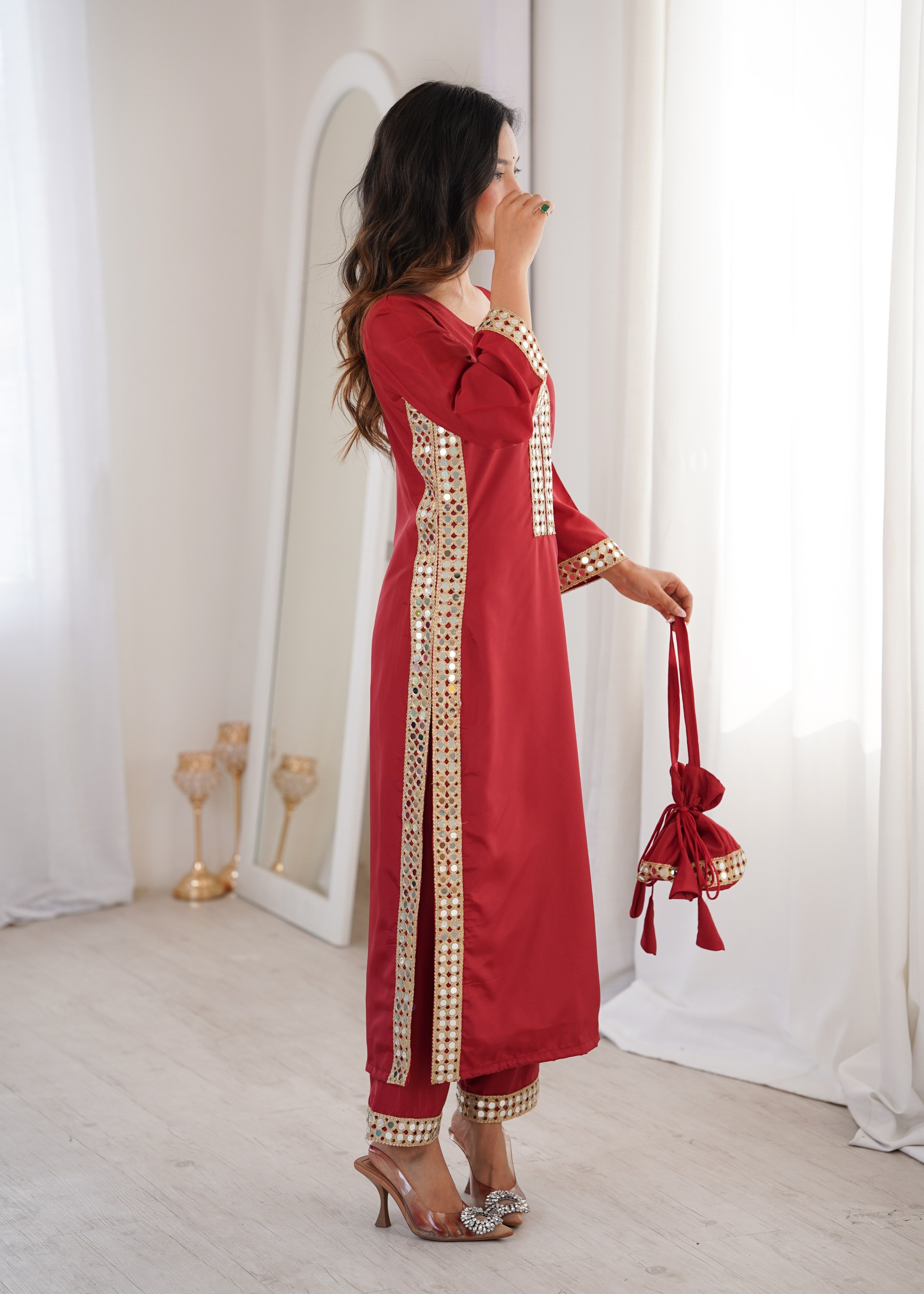 Jyoti Fashion Maroon Natural Crepe Real Mirror Lace Work Designer Kurta Set with Batwa - Distacart
