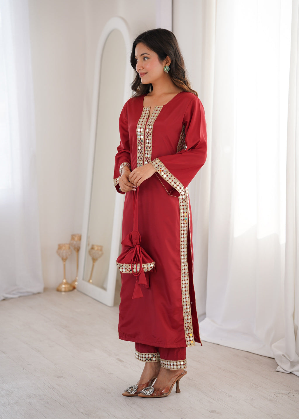 Jyoti Fashion Maroon Natural Crepe Real Mirror Lace Work Designer Kurta Set with Batwa - Distacart
