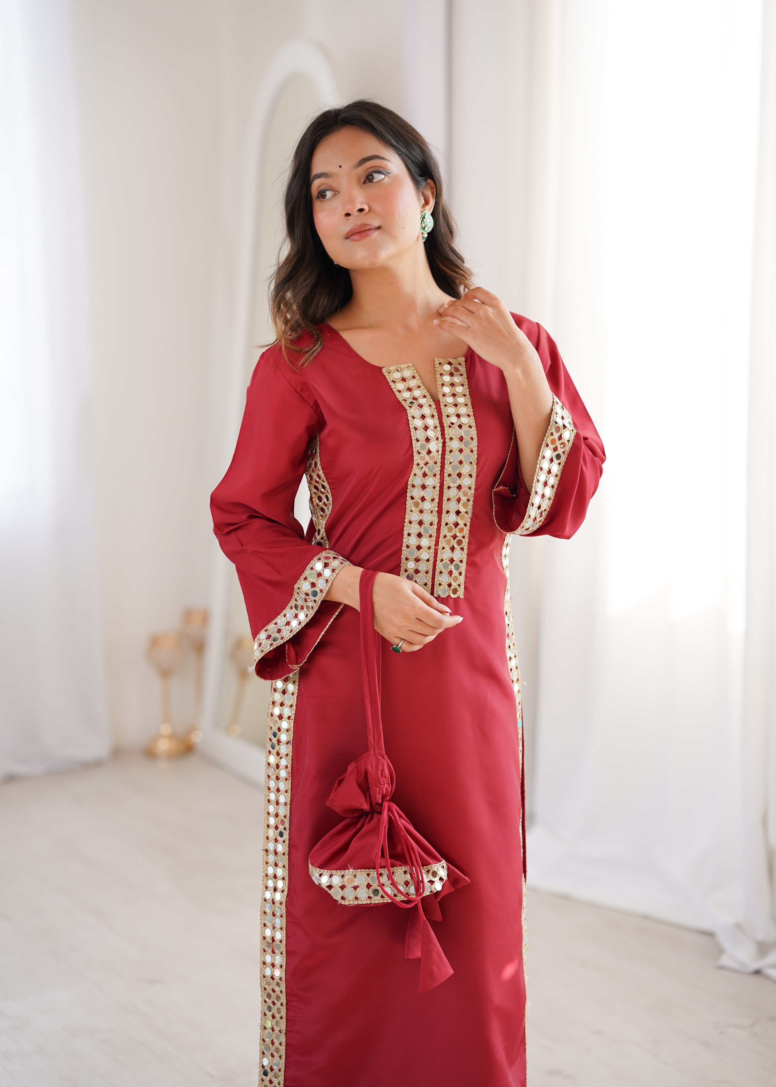 Jyoti Fashion Maroon Natural Crepe Real Mirror Lace Work Designer Kurta Set with Batwa - Distacart