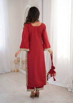 Jyoti Fashion Maroon Natural Crepe Real Mirror Lace Work Designer Kurta Set with Batwa - Distacart