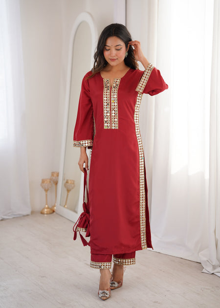 Jyoti Fashion Maroon Natural Crepe Real Mirror Lace Work Designer Kurta Set with Batwa