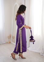 Jyoti Fashion Purple Natural Crepe Real Mirror Lace Work Designer Kurta Set with Batwa - Distacart