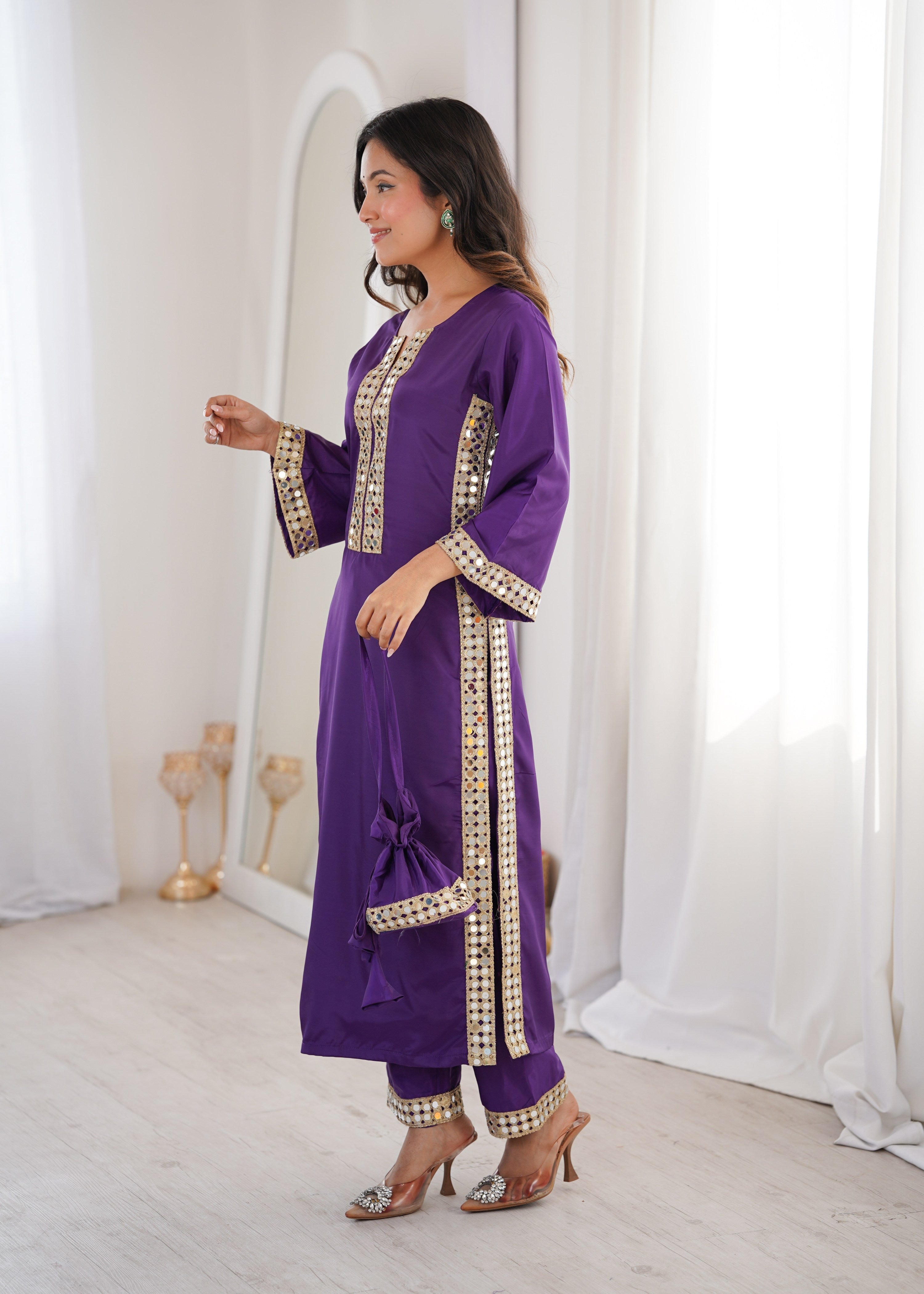 Jyoti Fashion Purple Natural Crepe Real Mirror Lace Work Designer Kurta Set with Batwa - Distacart