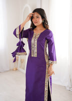Jyoti Fashion Purple Natural Crepe Real Mirror Lace Work Designer Kurta Set with Batwa - Distacart